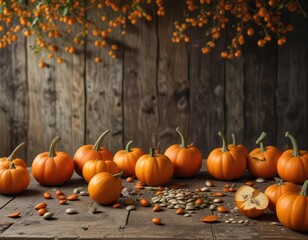 A collection of small orange pumpkins and pumpkin seeds on a rustic wooden table adds a pop of color to the autumnal landscape, nature-inspired, arrangement