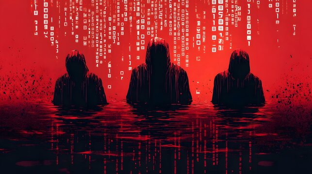 Criminal hacker emerges from the water, red color, Matrix style binary code