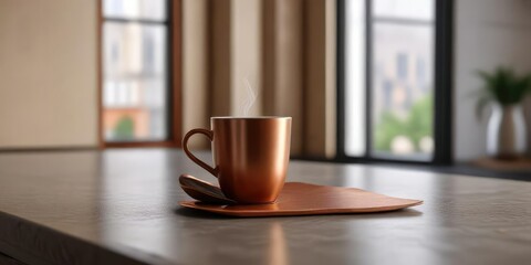 A coffee or tea cup with a small spill on the side of a copper coaster in a contemporary kitchen with a large window backdrop, large window, spill, coffee