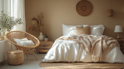 Serene Bohemian Bedroom Interior Design with Natural Textures and Calming Neutral Tones