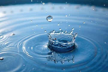 A cluster of tiny water drops merging into a larger droplet on a glassy blue surface, subtle movement, transparent sphere
