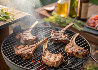 Naklejka premium Juicy Barbecued Lamb Chops Sizzling on the Grill - Summer BBQ Feast