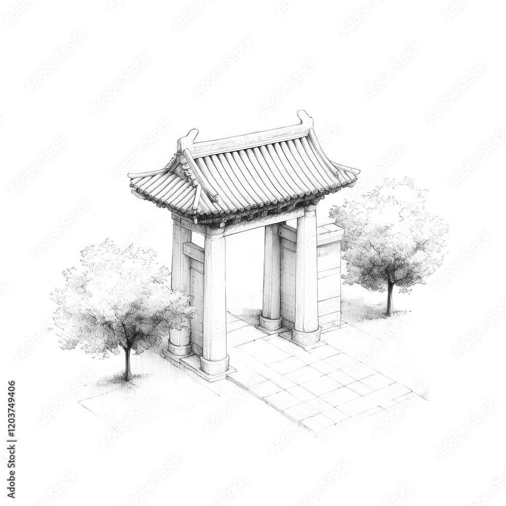 Poster a detailed sketch of an ornate architectural gateway surrounded by trees., isolated on a transparent