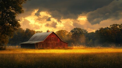 Rustic yet Luxurious Barn at Sunset with Firecracker Light Effects Over Golden Fields