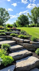 Obraz premium A rural yard featuring tiered retaining walls made of natural stone, adorned with cascading plants and flowers