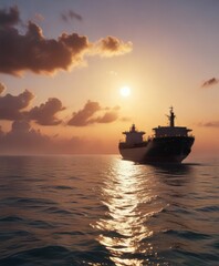Fototapeta premium A cargo ship glides across the horizon as day succumbs to night, global trade, cargo ship, ships at dusk