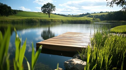 A wooden dock extending into a serene farm pond, surrounded by cattails and reflective water