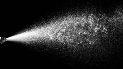 White water spray mist with fine dust particles floating in the air, isolated on a black background. Abstract high-contrast composition with dynamic texture, perfect for concepts of freshness, purity,
