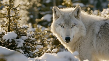 Obraz premium Wolf Walking Through Winter Forest, Sunlight Filtering Through Trees, Majestic, Wild Nature, Wilderness, Snowy Landscape