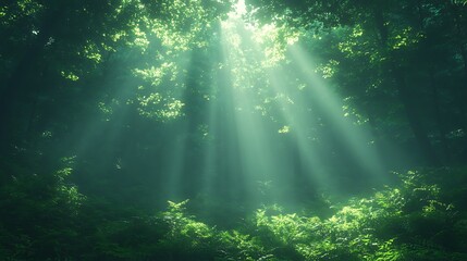 Obraz premium Sunbeams Through Underwater Forest: Ethereal beams of sunlight pierce through the dense canopy of an underwater forest, illuminating the vibrant green foliage and casting enchanting shadows.