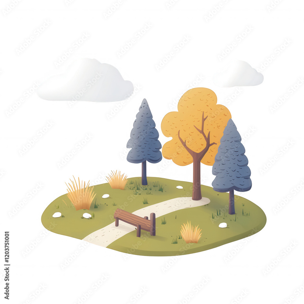 Poster a serene landscape featuring trees and a winding path under fluffy clouds., isolated on a transparen
