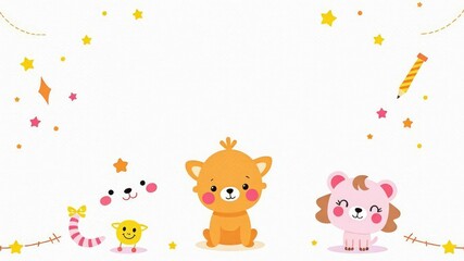 Naklejka premium A soft pastel-colored background with adorable cartoon animals and stars, cheerful, sweet, animals