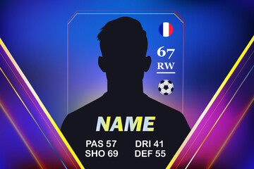 Silhouette of a football player card template with attributes and national flag on gradient background.  © Creatmark