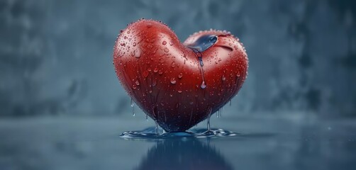 A red heart with water drops on a blue background , blue, serenity, romance