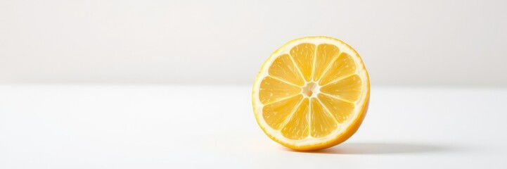 A refreshing lemon slice on a crisp white background with delicate yellow and orange hues, drink, summer refreshment, food