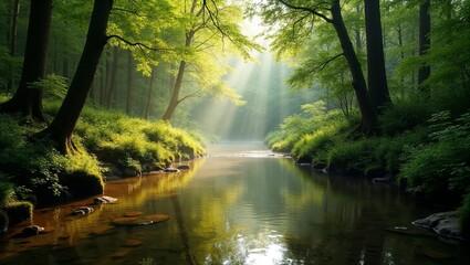 Serene stream flowing through a vibrant forest with dappled light and reflections of lush greenery
