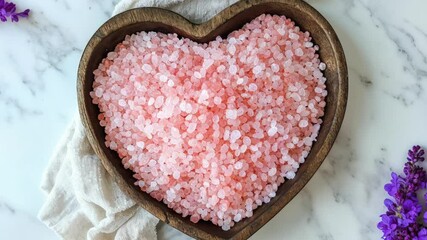 Heart-Shaped Bowl of Pink Salt Surrounded by Purple Flowers on Marble Surface