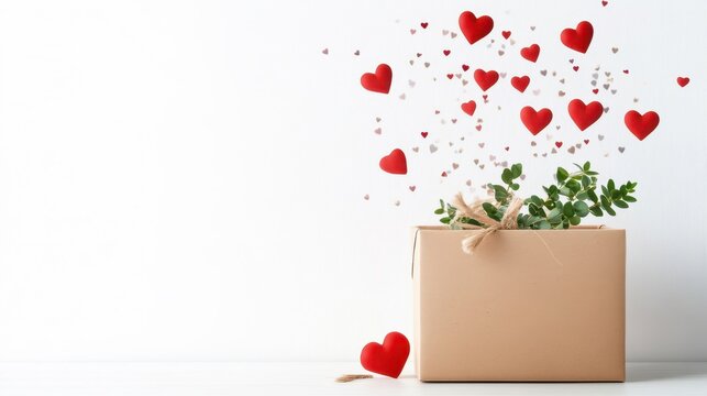 A Gift Box Overflowing with Love in the Form of Heart Shapes Surrounded by Greenery on a Clean White Background for Romantic Celebrations and Special Occasions