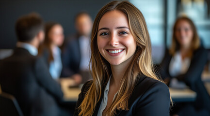 Businesswoman in professional attire smiles confidently in a corporate meeting.