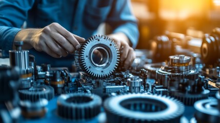 A person inspects a gear among various mechanical parts, showcasing precision and craftsmanship in an industrial setting.