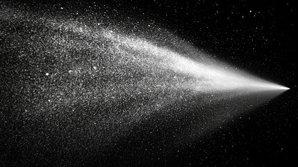 White water spray mist with fine dust particles floating in the air, isolated on a black background. Abstract high-contrast composition with dynamic texture, perfect for concepts of freshness, purity,