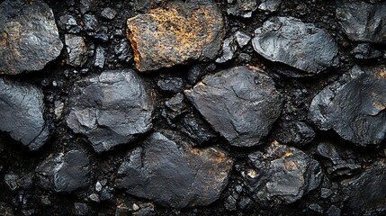 Black Coal Texture: A close-up view of a rough, uneven surface of black coal. The coal is a mix of large and small chunks, creating a gritty, industrial, and earthy background. Its dark.
