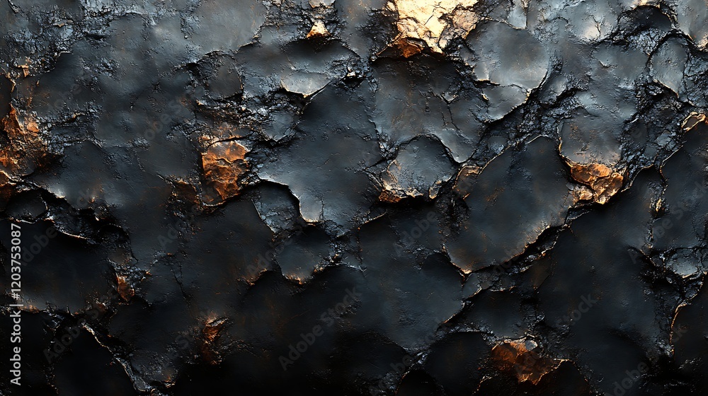 Poster dark textured surface: abstract close-up shot of a dark, rough textured surface with hints of copper