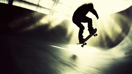 Skateboarder in motion at indoor skatepark