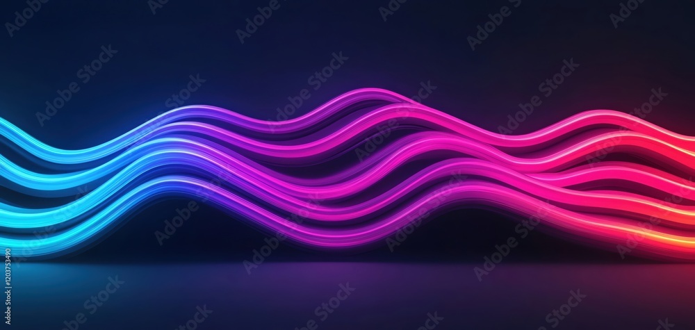 Poster vibrant wave patterns of blue and pink light create a dynamic abstract background.