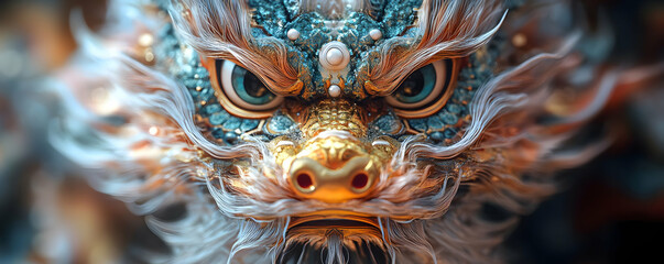 Fototapeta premium Dragon mask, close-up, ornate, festival, digital art