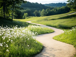 Obraz premium Meadowinspired landscaping with natural grasses, wildflowers, and a winding dirt trail, embracing rural simplicity
