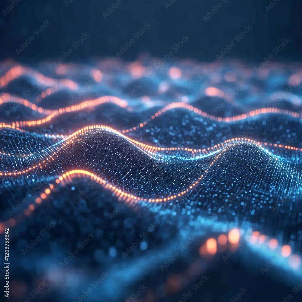 Poster abstract digital waves with glowing lines and particles in blue and orange