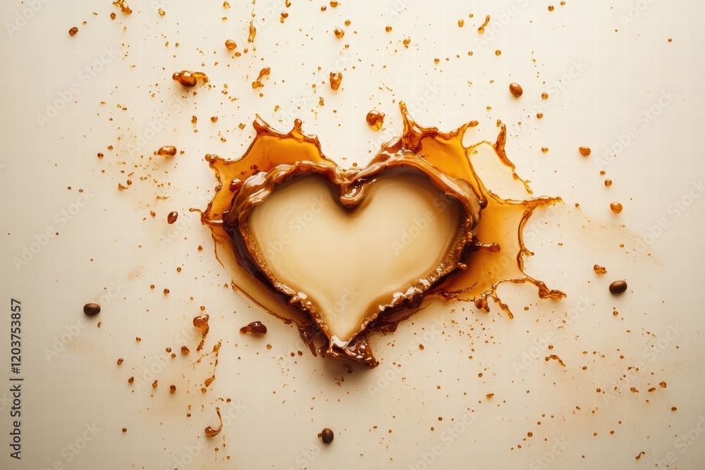 Poster spilled coffee forms a heart shape on a light surface, creating a unique artistic display