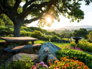 Nostalgic countryside landscaping featuring a wooden bench under an old oak tree, surrounded by colorful wildflowers and a handmade stone fountain