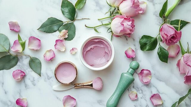 Elegant Rose Petal Spa Setting with Pink Cosmetics and Skincare Tools