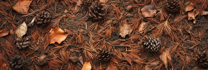 Autumn ground texture with pine cones, dry leaves, and twigs in forest setting