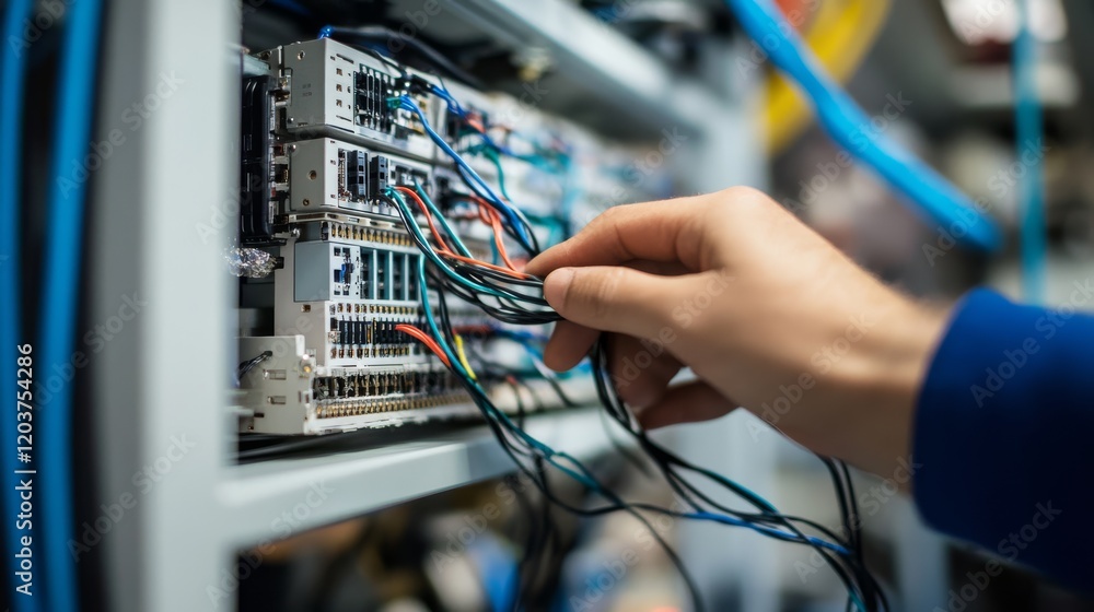 Poster a technician connects wires in a server room, showcasing the intricate networking and technology inv