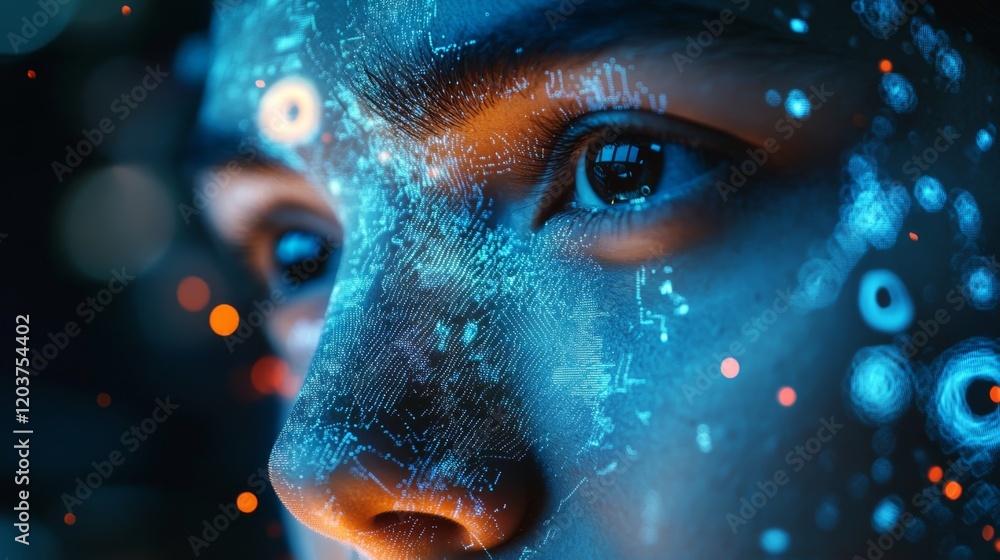 Poster a close-up of a human face illuminated with digital patterns and glowing elements, blending technolo