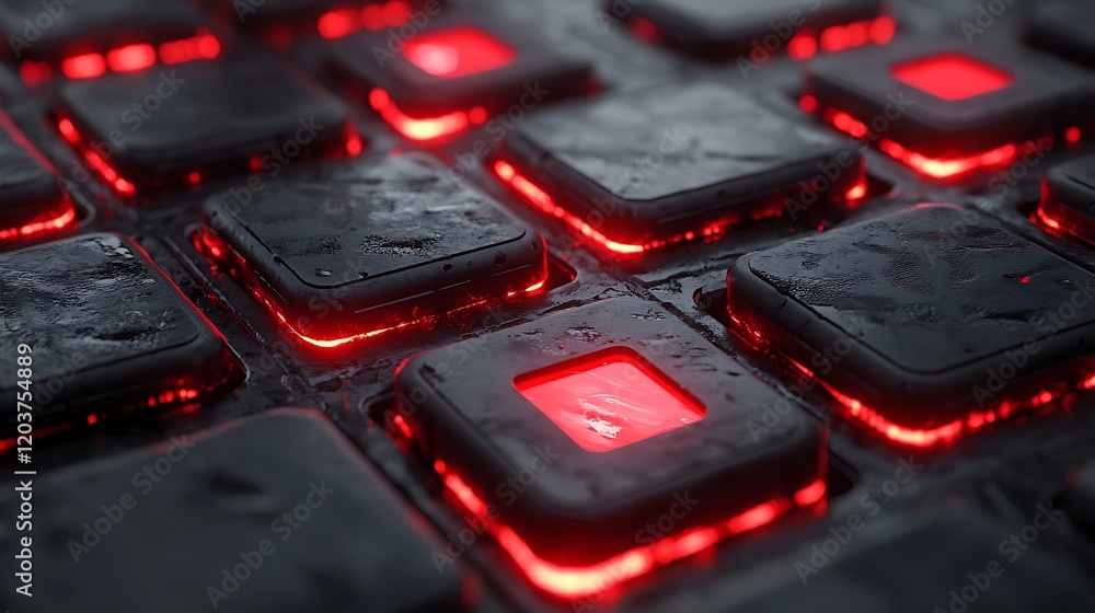 Poster cyberpunk grid: a close-up shot of a futuristic, abstract grid with glowing red lights illuminating 
