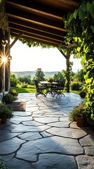Rural patio design featuring flagstone paving, potted plants, and a wroughtiron dining set under a pergola