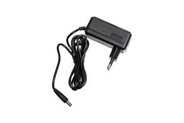 A black power adapter with a coiled cable, isolated on a white background.