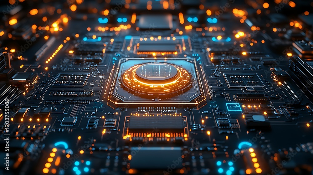 Poster central processing unit: a close-up, high-detail render of a cpu on a circuit board, showcasing intr