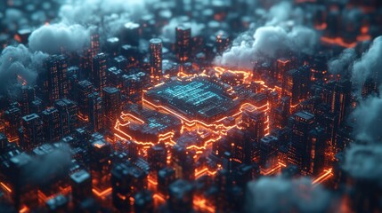 A futuristic cityscape illuminated by neon lights, showcasing a central digital hub amidst cloudy skies