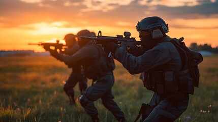 A SWAT team simulating an airfield takeover at dawn.