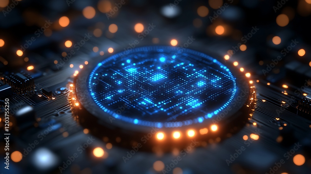 Poster digital heart: a mesmerizing close-up of a glowing blue circuit board, with intricate patterns and c