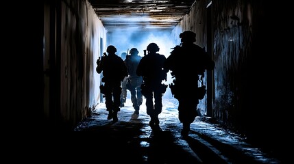 A SWAT team storming a dimly lit warehouse.