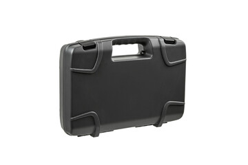 Gray, hard plastic suitcase with textured surface, handle and secure latches, isolated on white back