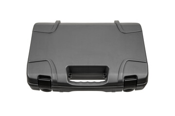 Gray, hard plastic suitcase with textured surface, handle and secure latches, isolated on white back