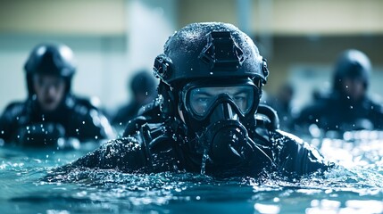 A SWAT unit practicing water rescue drills in a training facility.