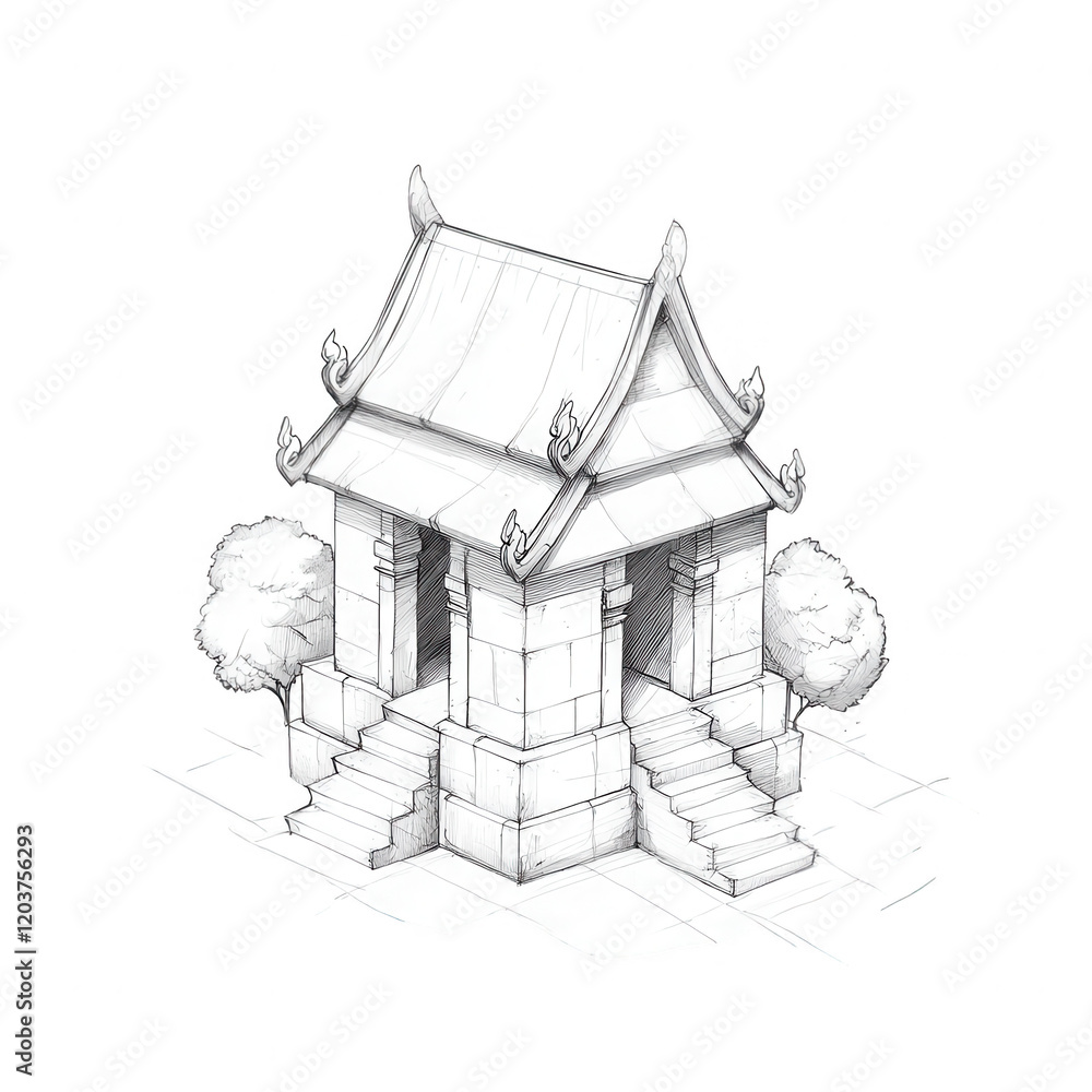 Poster detailed architectural sketch of a traditional temple with surrounding trees., isolated on a transpa
